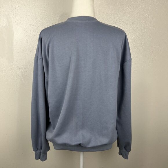 L.A.B. Studio Vivid Lauren Sweater Women Large Blue Grey Pullover Bear Patch - Picture 4 of 13